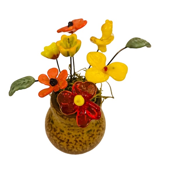 Miniature Czech Glass Flowers in Pottery Vase 5” Midcentury Vintage Boho Orange - Picture 8 of 12
